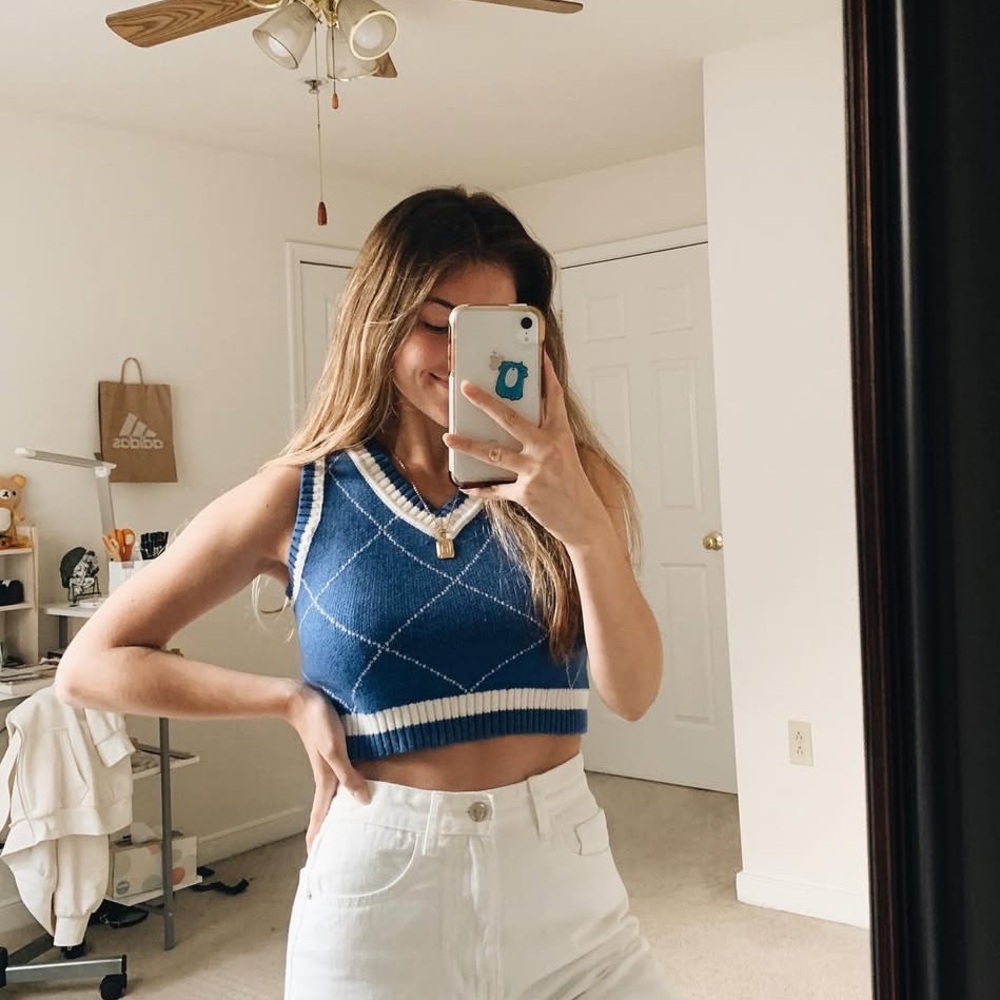 Blue Argyle Knit Cropped Vest
